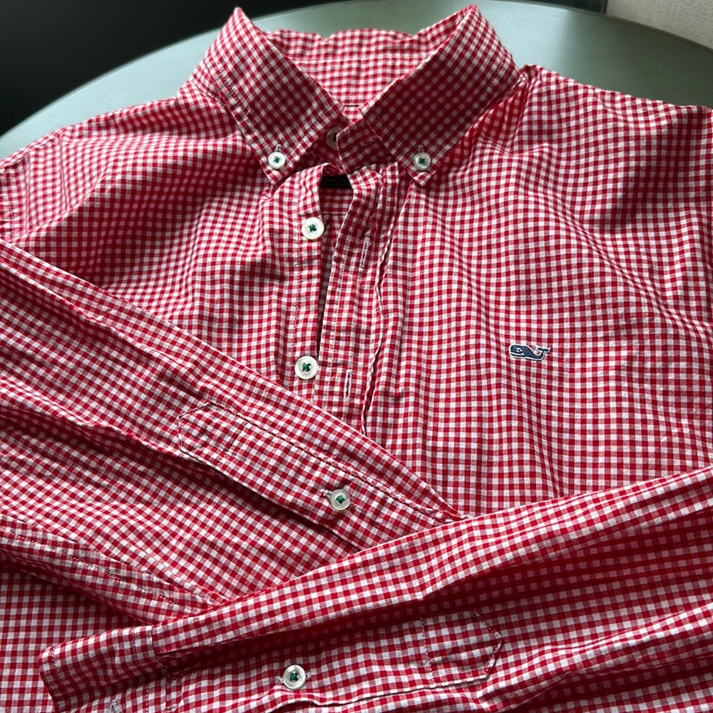 Vineyard vines whale shirt red white check gingham size XL 18 boys